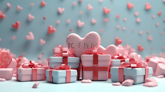 情人节3D渲染心形礼品盒插画