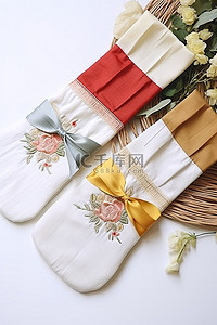 两双白色丝线刺绣长筒袜