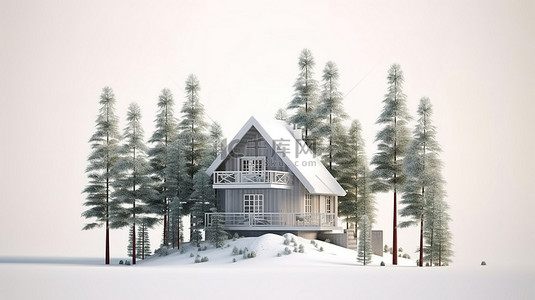 3D 渲染的小屋坐落在白色背景上高耸的松树之中