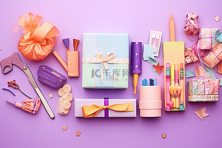 紫色派对用品和上面的礼品包装