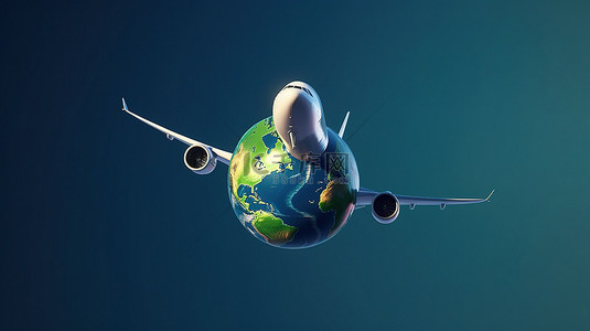 飞机飞行背景图片_3D 渲染地球与飞机飞行终极旅行概念