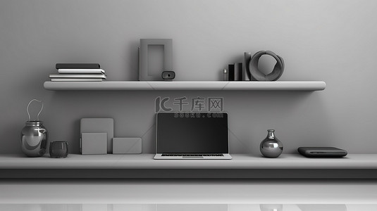 灰色墙架，配有数字设备 3D 插图，配有电脑笔记本电脑平板电脑和手机