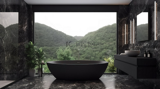 黑色石材打造的豪华现代浴室，享有壮丽的自然景观