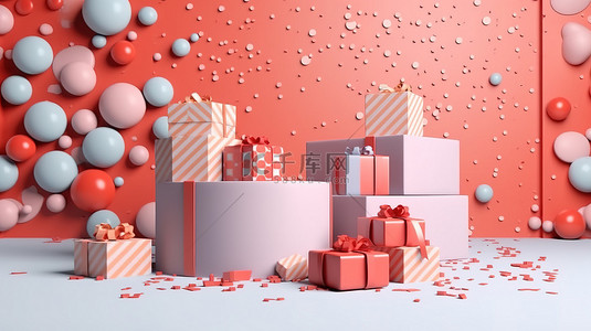 节日讲台，配有五彩纸屑礼品盒和节日背景，非常适合圣诞节或新年庆祝活动3D 渲染