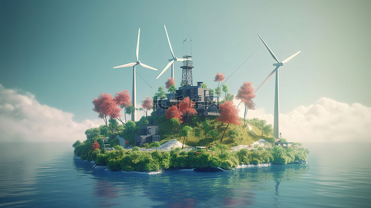 绿色能源环保背景图片_具有可再生能源特征的环保 3D 概念插图