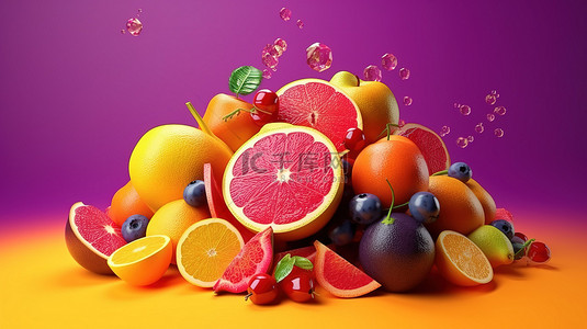 精髓背景图片_充满活力的夏季水果品种西瓜柠檬和橙子在活泼的紫色背景上通过这种令人着迷的 3D 渲染唤起了夏季的精髓