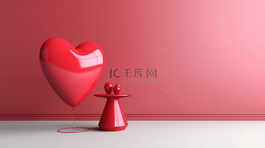 浪漫温馨婚礼背景图片_3D 插图中的温馨情人节活动主题红气球产品展台概念