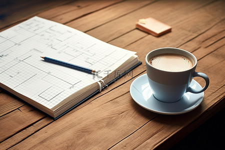 书旁边的咖啡杯和木桌上的拼图