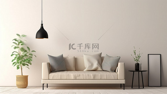 米色墙壁上显示的时尚方形海报模型，配有沙发和矮桌 3D 渲染