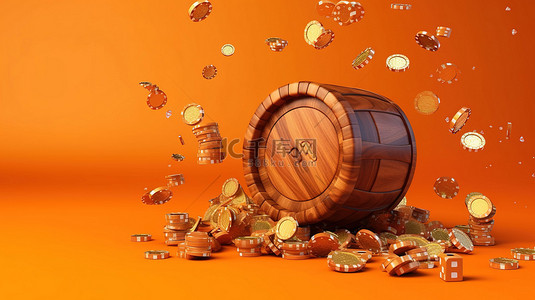 在线赌场设置中橙色背景下木桶飞行硬币和赌场筹码的 3D 渲染