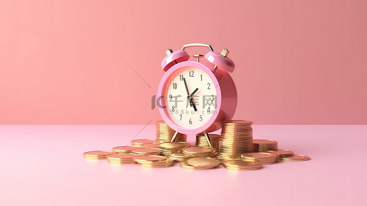 时钟标志背景图片_有利可图的投资概念粉红色背景与金钱硬币增长箭头和时钟插图 3D 渲染