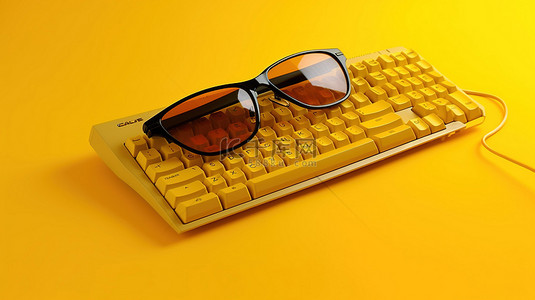 黄色娱乐电脑键盘，配有 3d 眼镜