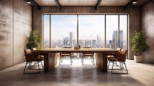 现代会议室，享有城市景观，木质和混凝土内部充满自然光 3D 渲染