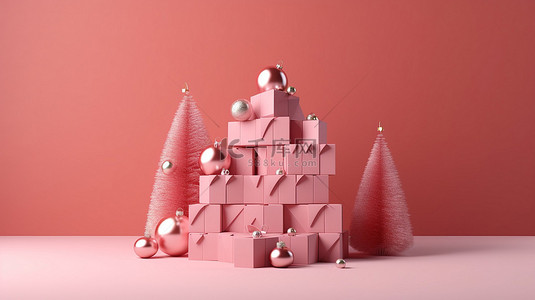 圣诞树雪花的背景图片_圣诞日历的 3d 插图，在柔和的粉红色背景下带有节日礼物树和小饰品