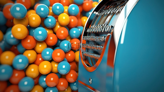 充满活力的蓝色场景，带有 3D 渲染的橙色点唱机和彩色球