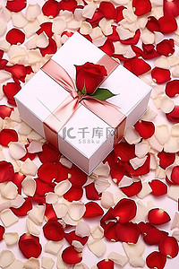 玫瑰礼盒背景图片_白色背景上花瓣顶部的红白玫瑰花瓣礼盒