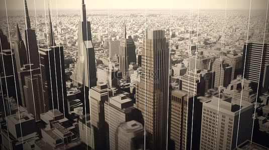 城市天际线中的金融概念垂直箭头 3d 渲染背景与股票和商业词粒子
