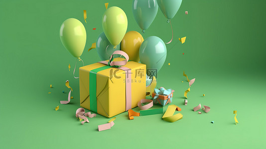 气球派对气球背景图片_用 3d 九号和派对气球庆祝的绿色背景爆炸
