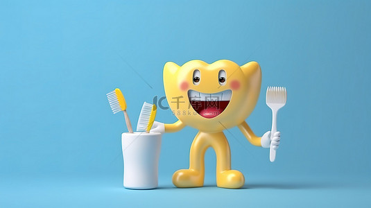 卡通健康牙齿背景图片_快乐的牙齿卡通与牙科工具刷牙口腔健康 3D 渲染