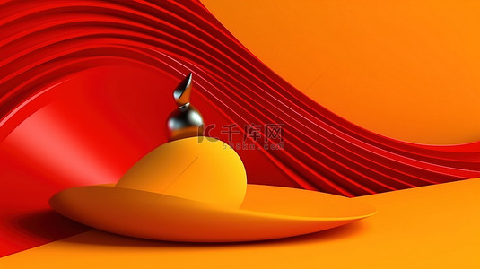 3D 渲染的红色抽象波浪图，在充满活力的黄色背景上带有 3D 对象