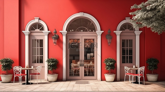 具有醒目的红色背景的古典风格户外咖啡店的 3D 渲染