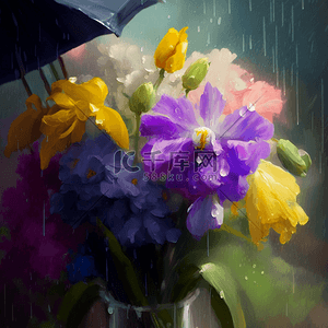 花束油画背景图片_鸢尾花鲜花雨滴雨中的花束油画花卉背景