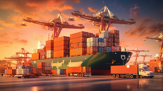 国际物流海报背景图片_一家国际航运和物流公司进出口业务的 3D 渲染