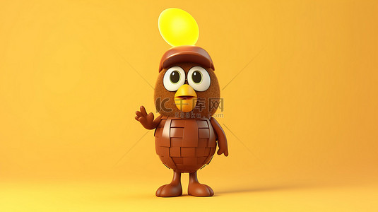 交通标志卡通背景图片_黄色背景上带有交通绿灯的棕色鸡蛋角色吉祥物的 3D 渲染