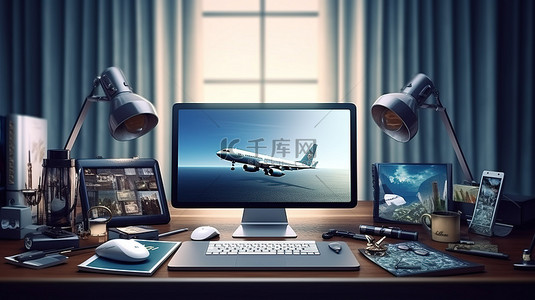 扶住东西背景图片_带有机票网站和配件的旅行主题海军桌面的 3D 渲染