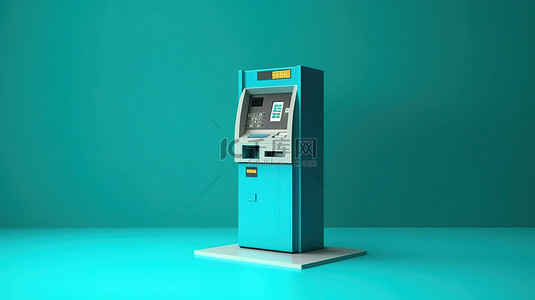 自动图标背景图片_在彩色背景上以 3D 渲染的 ATM 机平面图标
