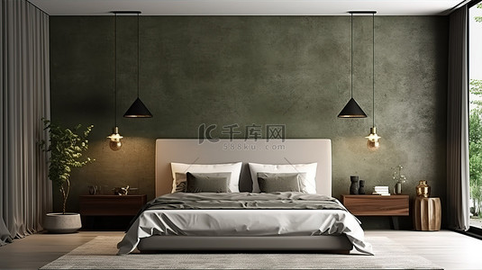 舒适卧室内部的 3D 渲染，配有床窗枕头和灰泥暗墙背景