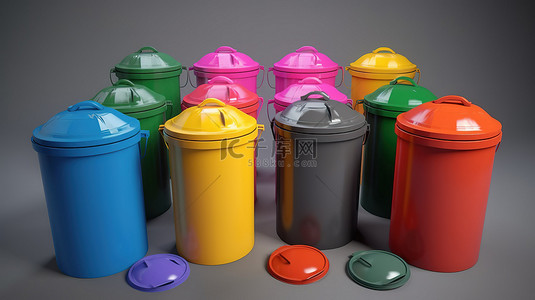 用于有组织的垃圾分类 3D 渲染的专用彩色垃圾桶