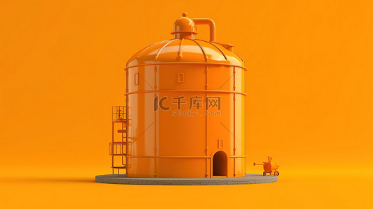 充满活力的橙色背景下单色水箱的 3D 渲染