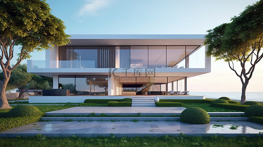 海景豪华住宅的简约建筑设计，强调室外草坪庭院 3D 渲染
