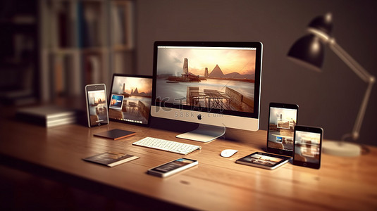 办公桌面背景图片_3D 渲染优雅的桌面，具有响应式设备和 ux 设计网站