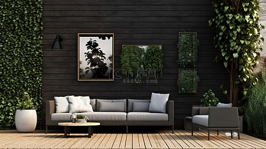 后院露台上的户外休息室设有模型相框黑墙和花园 3D 渲染
