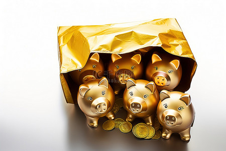 金猪金猪背景图片_盒子里有五个金存钱罐玩具
