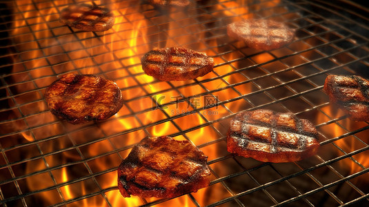 炙热太阳背景图片_肉块在 3D 可视化中翱翔在烤架上方
