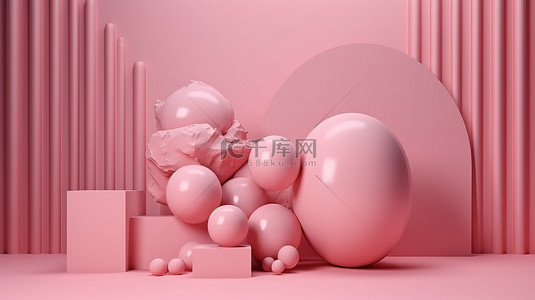 舞台气球背景图片_简约的现代墙背景与粉红色几何形状的 3d 渲染，用于展台舞台展示台模型气球