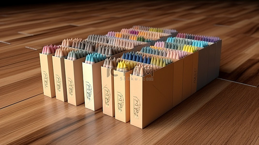 木质铅笔背景图片_在盒子模型中使用一组大纸板铅笔对木质背景进行 3D 渲染