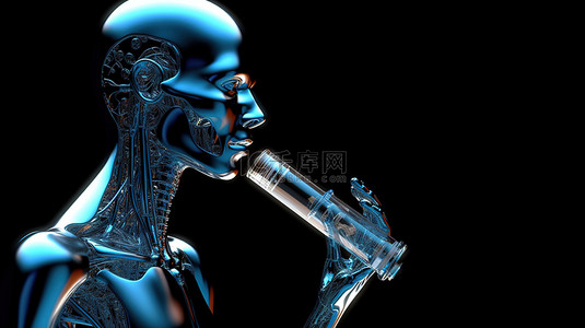 化学液体背景图片_3d 渲染中的机器人抓住装有蓝色液体的试管