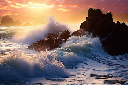 海上的日出伴随着汹涌的海浪