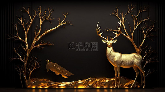 装饰羽毛背景图片_深色背景中的金色羽毛鹿和树，令人惊叹的 3D 壁纸艺术，适合您的墙壁装饰