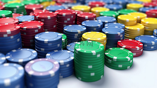 3D 白色世界中充满活力的赌场筹码