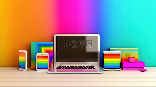 彩虹墙架，配有数字设备笔记本电脑手机和平板电脑，3D 插图