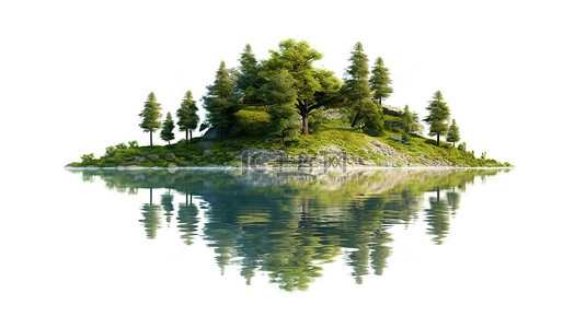 有水有树的森林背景图片_白色背景上有宁静的湖泊和树木的山地景观的 3D 插图