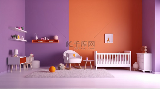 童年孩子背景图片_充满活力的幼儿房，配有白色家具和大胆的紫色墙壁 3D 概念设计