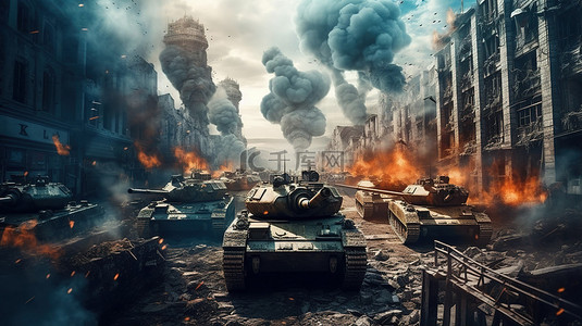 战争背景图片_城市战概念中军用坦克的 3d 插图