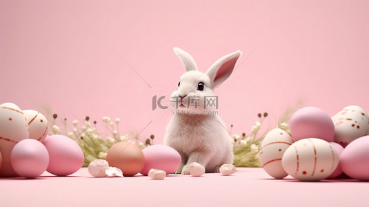 粉色背景兔子背景图片_欢快的浅粉色背景上逼真的 3D 元素中的复活节兔子和鸡蛋