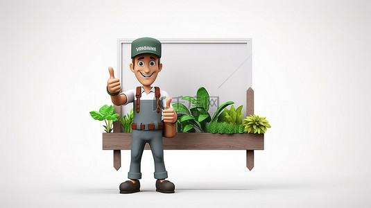 微笑的园丁在 3D 渲染中拿着横幅模板时竖起大拇指